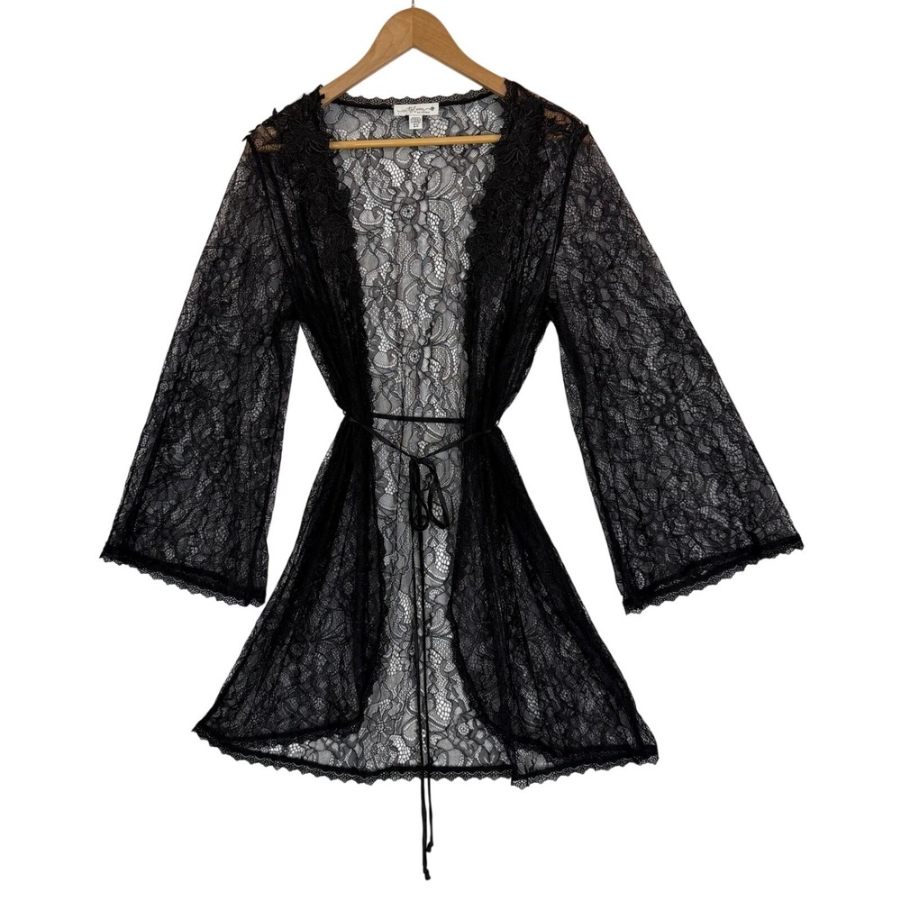 In Bloom by Jonquil Black Lace Short Robe Sheer Floral Kimono Wrap Sexy Sz M-L